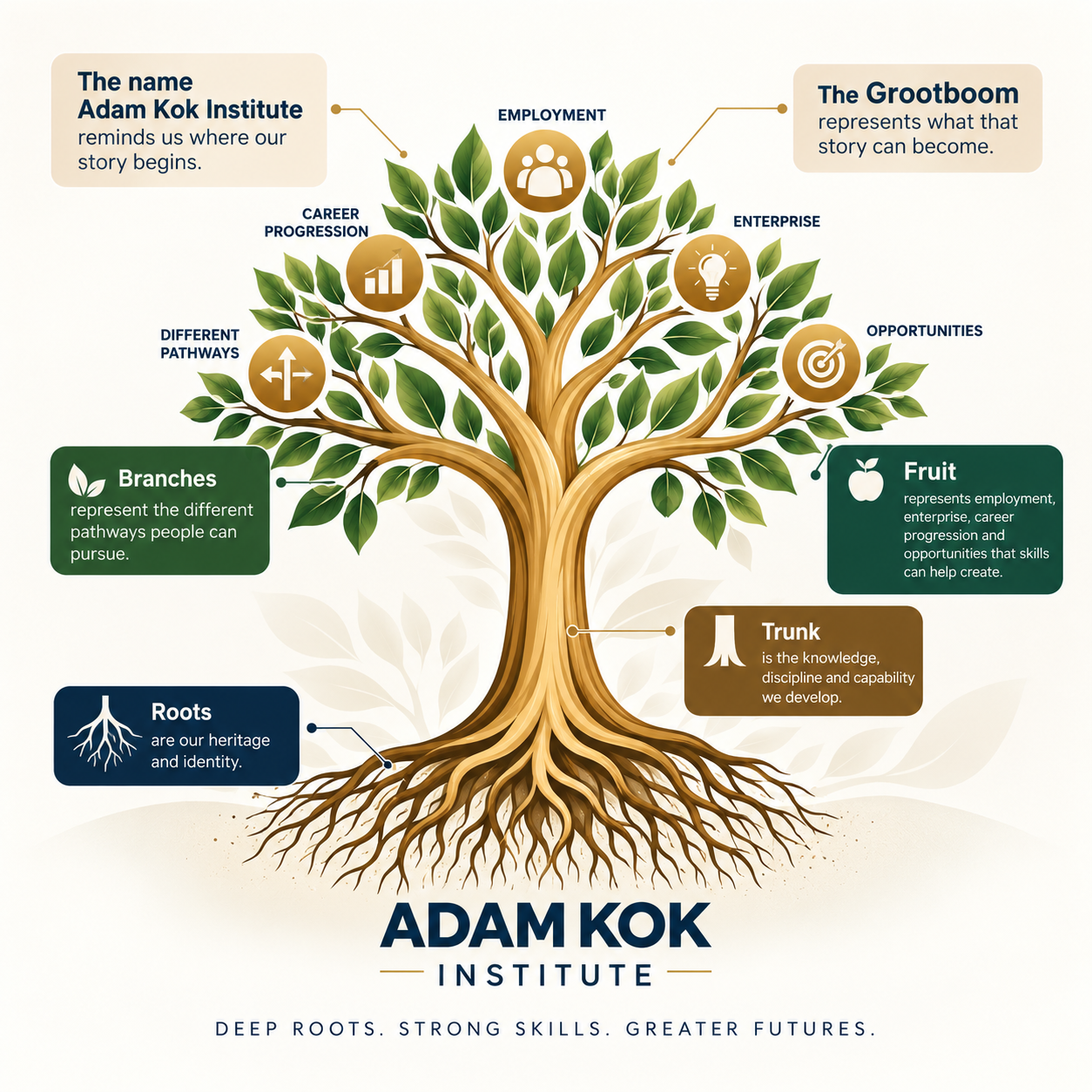 Adam Kok Institute Grootboom tree: roots, trunk, branches and fruit representing heritage, capability, pathways and opportunity